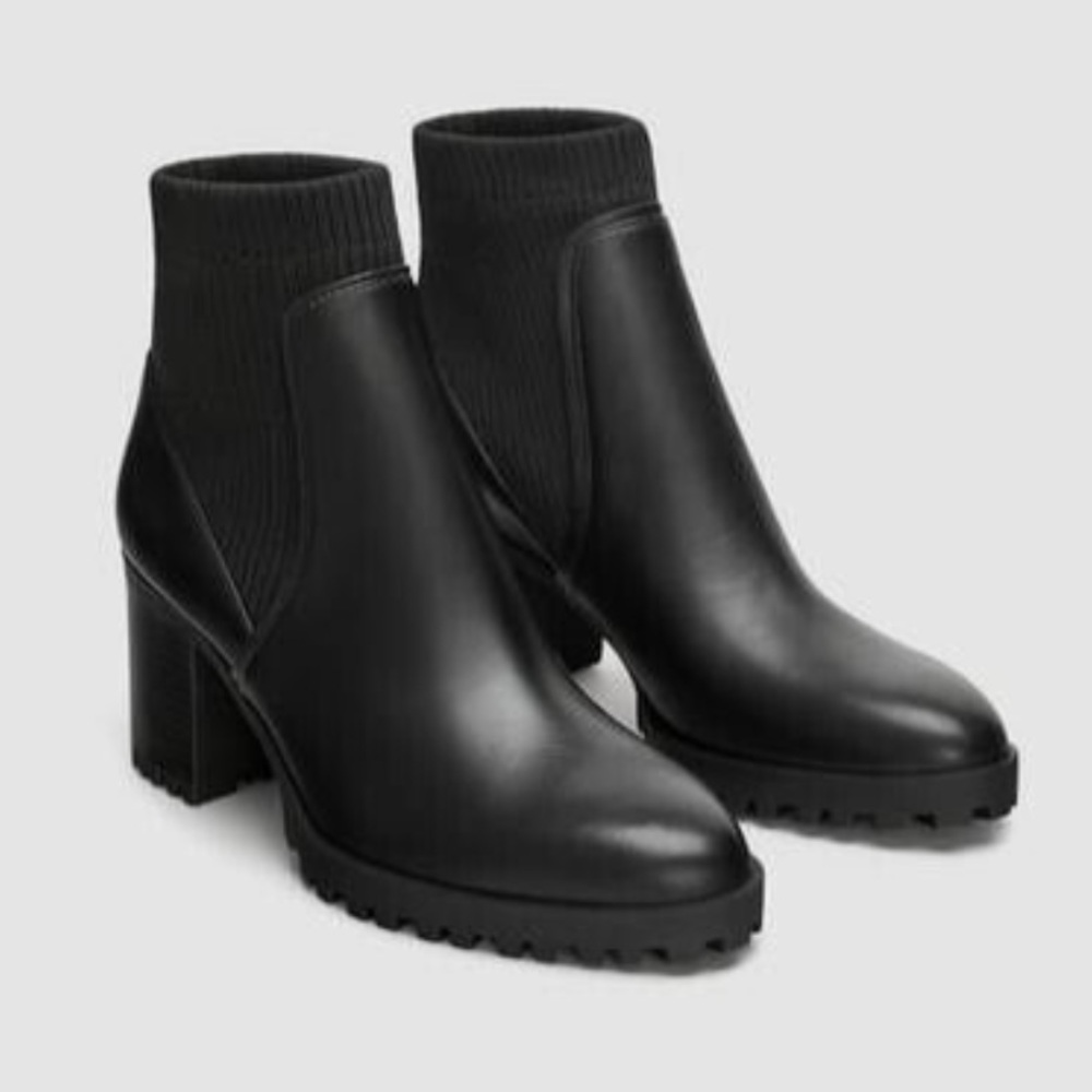 Zara Black Ankle Boots Heeled Lug Size 41 or 10 Chunky Sock Bootie